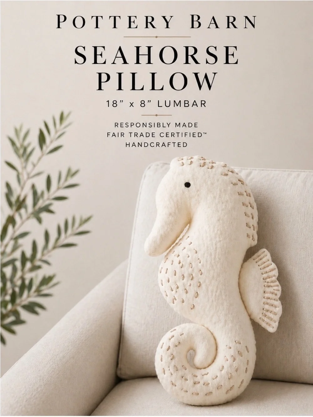 Pottery Barn Seahorse Lumbar Pillow 18” Coastal NWT Rare 2023